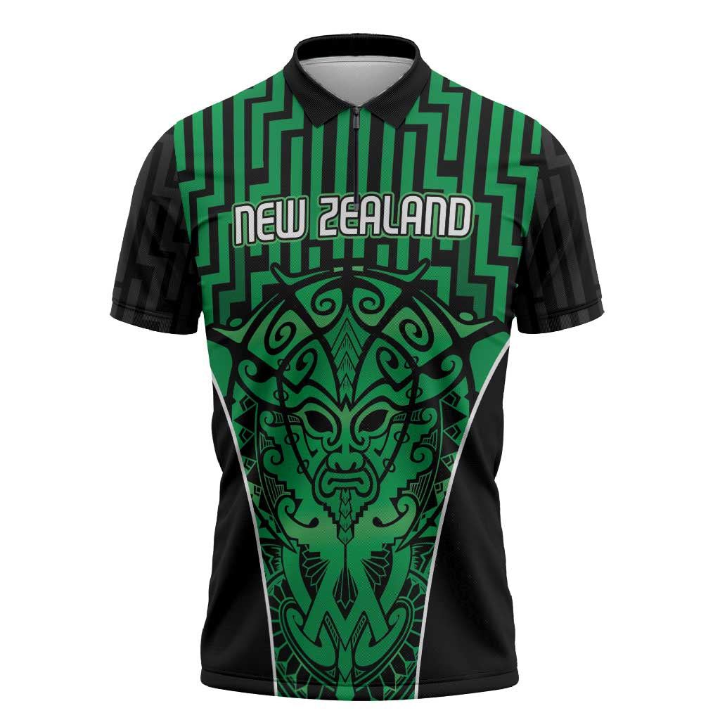 Custom Basketball New Zealand Zipper Polo Shirt Green Maori Ta Moko Indigenous - Aussie Hoodie