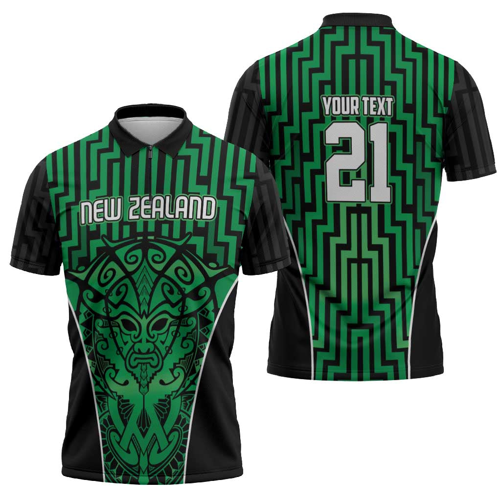 Custom Basketball New Zealand Zipper Polo Shirt Green Maori Ta Moko Indigenous - Aussie Hoodie