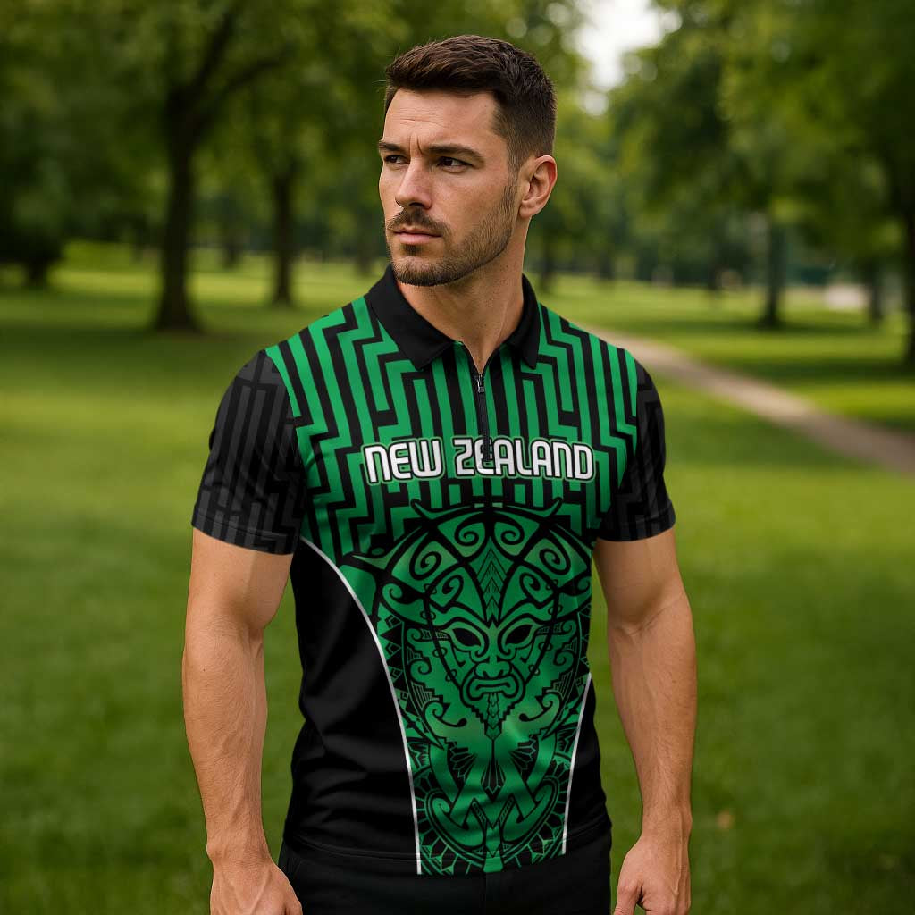 Custom Basketball New Zealand Zipper Polo Shirt Green Maori Ta Moko Indigenous - Aussie Hoodie