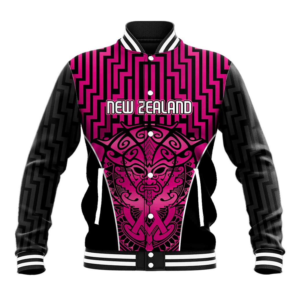 Custom Basketball New Zealand Baseball Jacket Pink Maori Ta Moko Indigenous - Aussie Hoodie