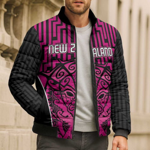 Custom Basketball New Zealand Bomber Puffer Jacket Pink Maori Ta Moko Indigenous - Aussie Hoodie