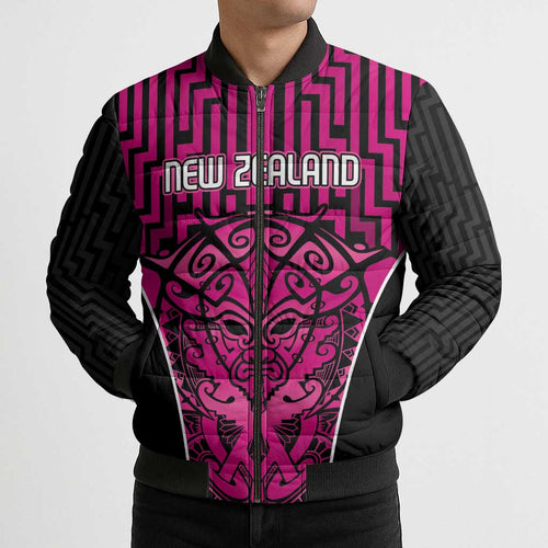 Custom Basketball New Zealand Bomber Puffer Jacket Pink Maori Ta Moko Indigenous - Aussie Hoodie