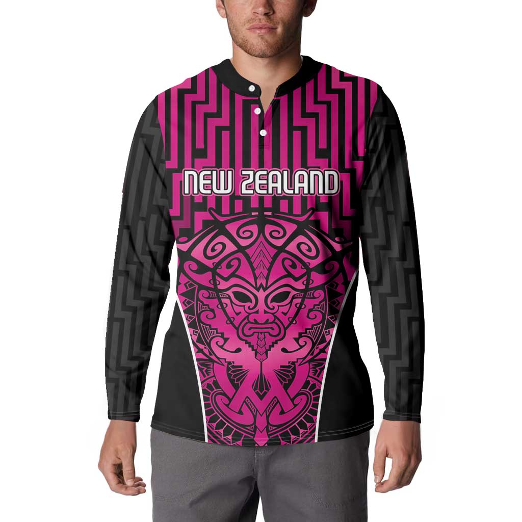 Custom Basketball New Zealand Button Sweatshirt Pink Maori Ta Moko Indigenous - Aussie Hoodie