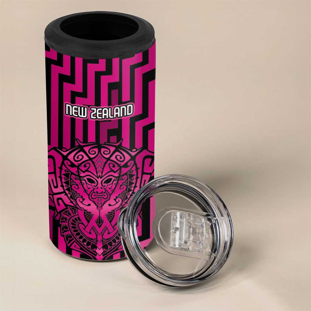 Custom Basketball New Zealand 4 in 1 Can Cooler Tumbler Pink Maori Ta Moko Indigenous - Aussie Hoodie