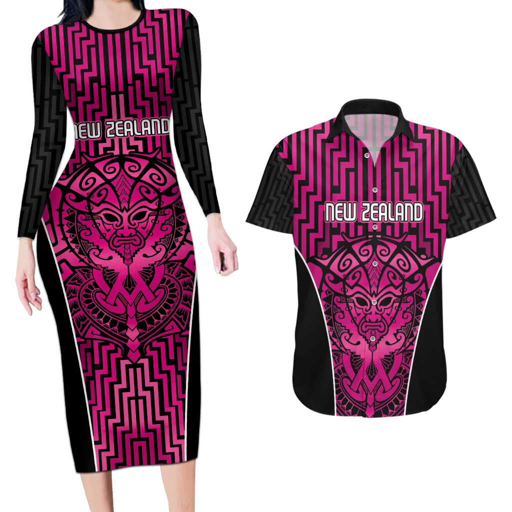 Custom Basketball New Zealand Couples Matching Long Sleeve Bodycon Dress and Hawaiian Shirt Pink Maori Ta Moko Indigenous - Aussie Hoodie