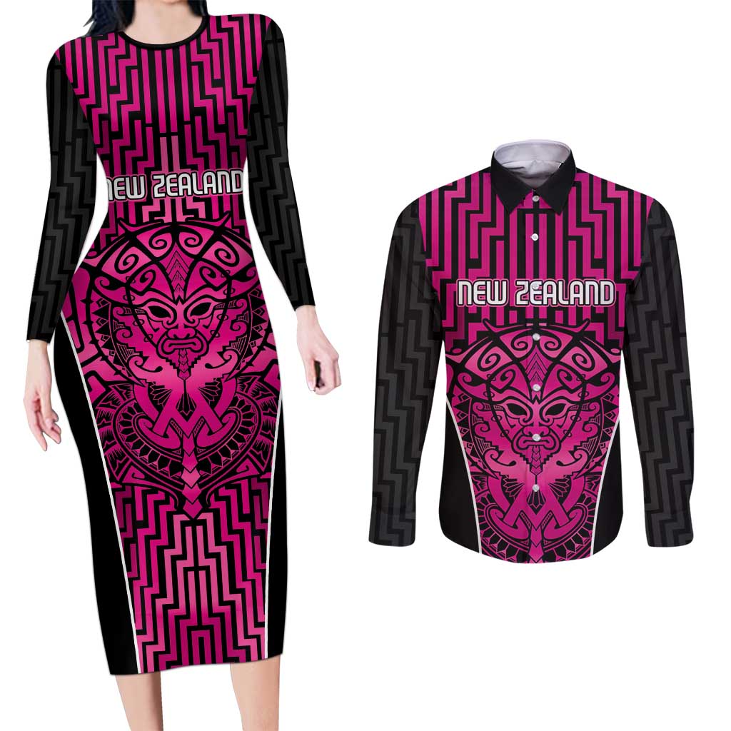 Custom Basketball New Zealand Couples Matching Long Sleeve Bodycon Dress and Long Sleeve Button Shirt Pink Maori Ta Moko Indigenous - Aussie Hoodie