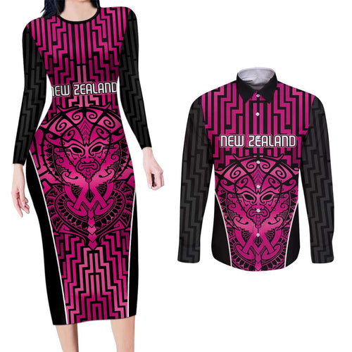 Custom Basketball New Zealand Couples Matching Long Sleeve Bodycon Dress and Long Sleeve Button Shirt Pink Maori Ta Moko Indigenous - Aussie Hoodie