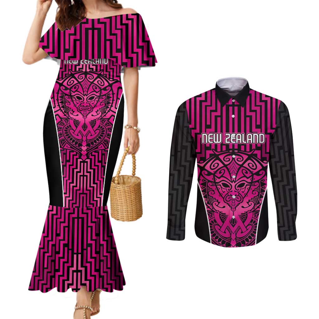 Custom Basketball New Zealand Couples Matching Mermaid Dress and Long Sleeve Button Shirt Pink Maori Ta Moko Indigenous - Aussie Hoodie