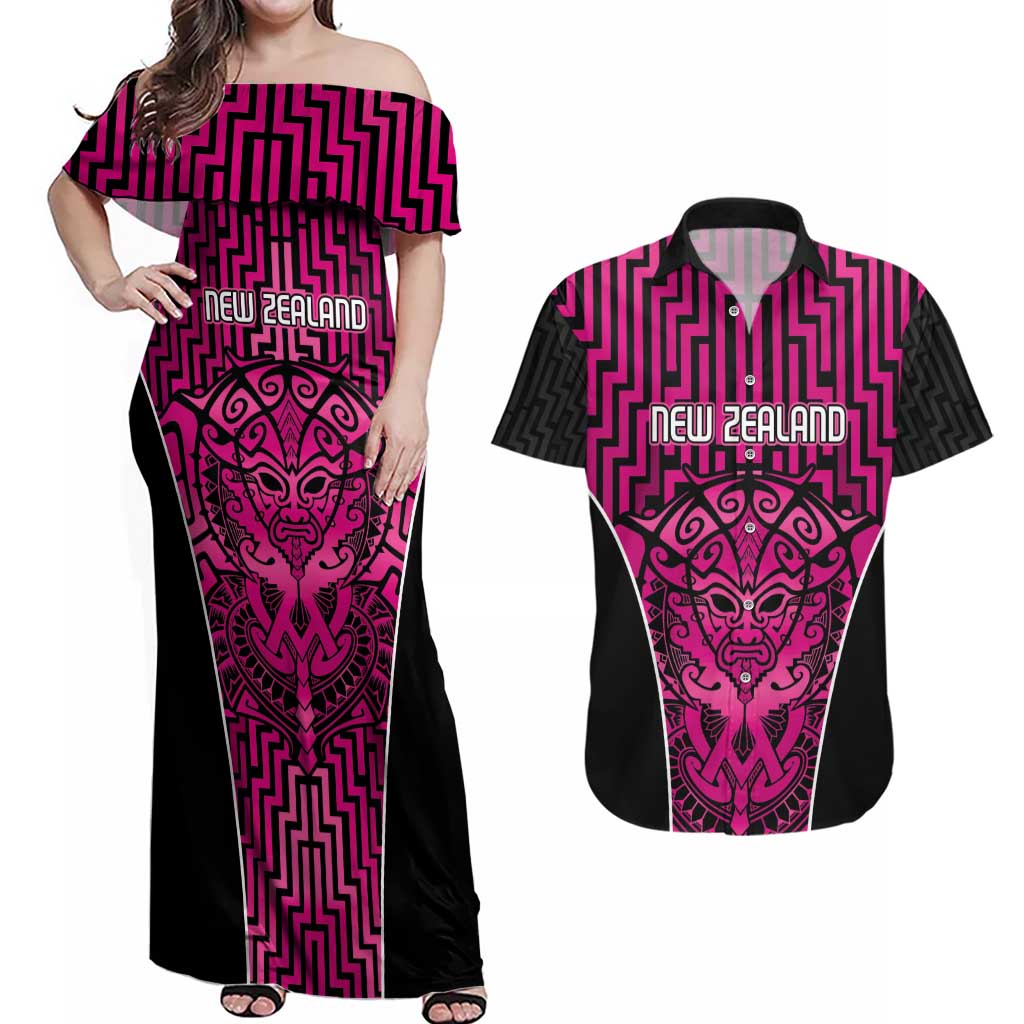 Custom Basketball New Zealand Couples Matching Off Shoulder Maxi Dress and Hawaiian Shirt Pink Maori Ta Moko Indigenous - Aussie Hoodie