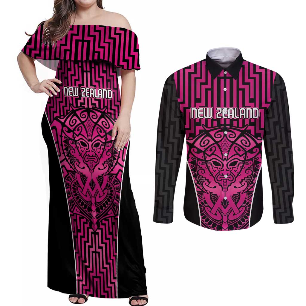 Custom Basketball New Zealand Couples Matching Off Shoulder Maxi Dress and Long Sleeve Button Shirt Pink Maori Ta Moko Indigenous - Aussie Hoodie