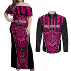 Custom Basketball New Zealand Couples Matching Off Shoulder Maxi Dress and Long Sleeve Button Shirt Pink Maori Ta Moko Indigenous - Aussie Hoodie