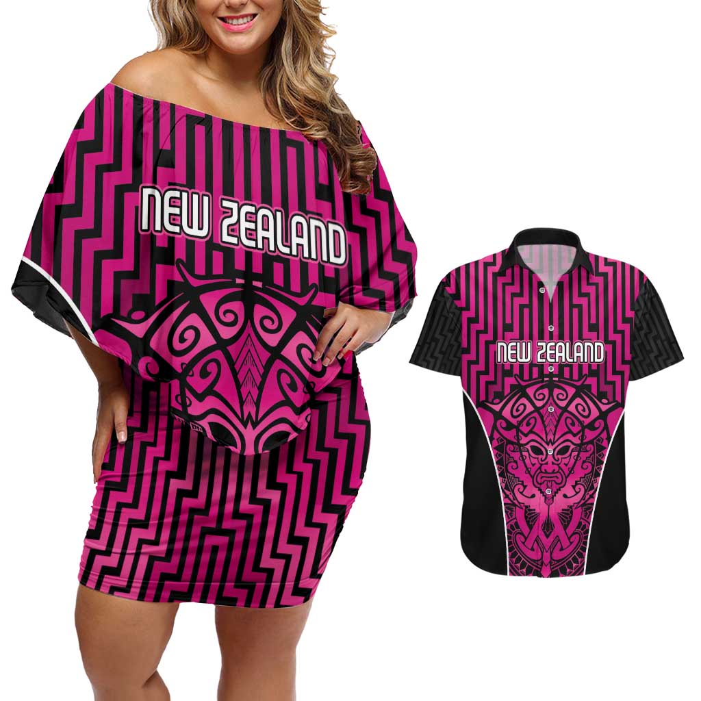 Custom Basketball New Zealand Couples Matching Off Shoulder Short Dress and Hawaiian Shirt Pink Maori Ta Moko Indigenous - Aussie Hoodie