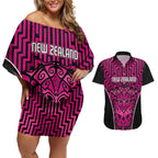 Custom Basketball New Zealand Couples Matching Off Shoulder Short Dress and Hawaiian Shirt Pink Maori Ta Moko Indigenous - Aussie Hoodie