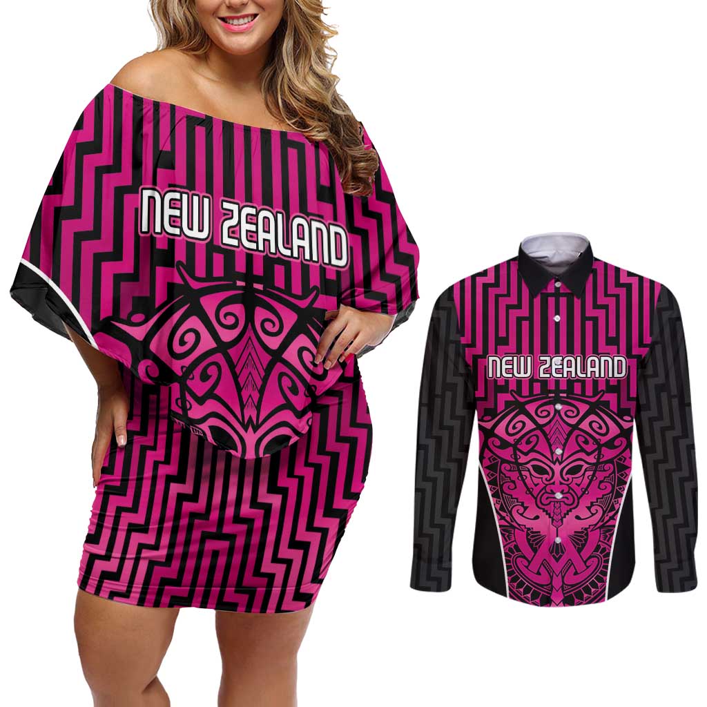 Custom Basketball New Zealand Couples Matching Off Shoulder Short Dress and Long Sleeve Button Shirt Pink Maori Ta Moko Indigenous - Aussie Hoodie