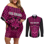 Custom Basketball New Zealand Couples Matching Off Shoulder Short Dress and Long Sleeve Button Shirt Pink Maori Ta Moko Indigenous - Aussie Hoodie