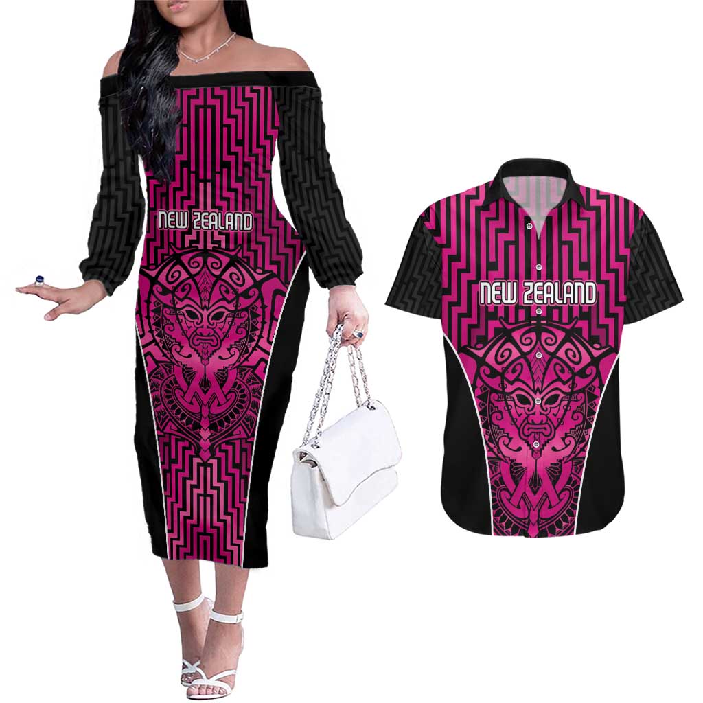 Custom Basketball New Zealand Couples Matching Off The Shoulder Long Sleeve Dress and Hawaiian Shirt Pink Maori Ta Moko Indigenous - Aussie Hoodie