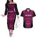 Custom Basketball New Zealand Couples Matching Off The Shoulder Long Sleeve Dress and Hawaiian Shirt Pink Maori Ta Moko Indigenous - Aussie Hoodie