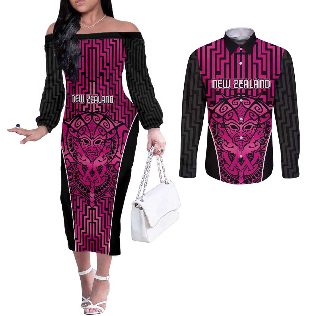 Custom Basketball New Zealand Couples Matching Off The Shoulder Long Sleeve Dress and Long Sleeve Button Shirt Pink Maori Ta Moko Indigenous - Aussie Hoodie