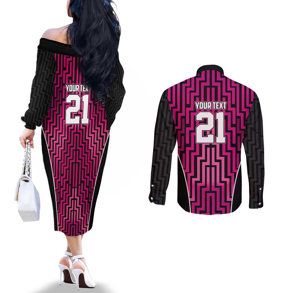 Custom Basketball New Zealand Couples Matching Off The Shoulder Long Sleeve Dress and Long Sleeve Button Shirt Pink Maori Ta Moko Indigenous - Aussie Hoodie