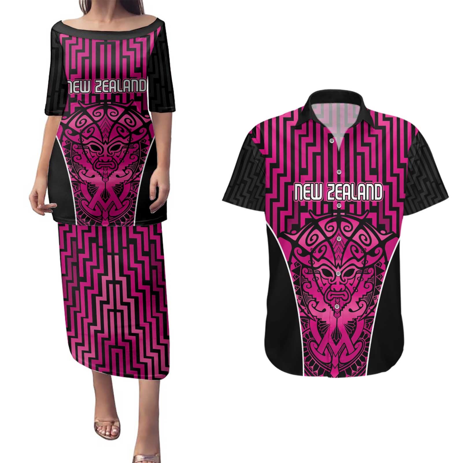 Custom Basketball New Zealand Couples Matching Puletasi and Hawaiian Shirt Pink Maori Ta Moko Indigenous - Aussie Hoodie