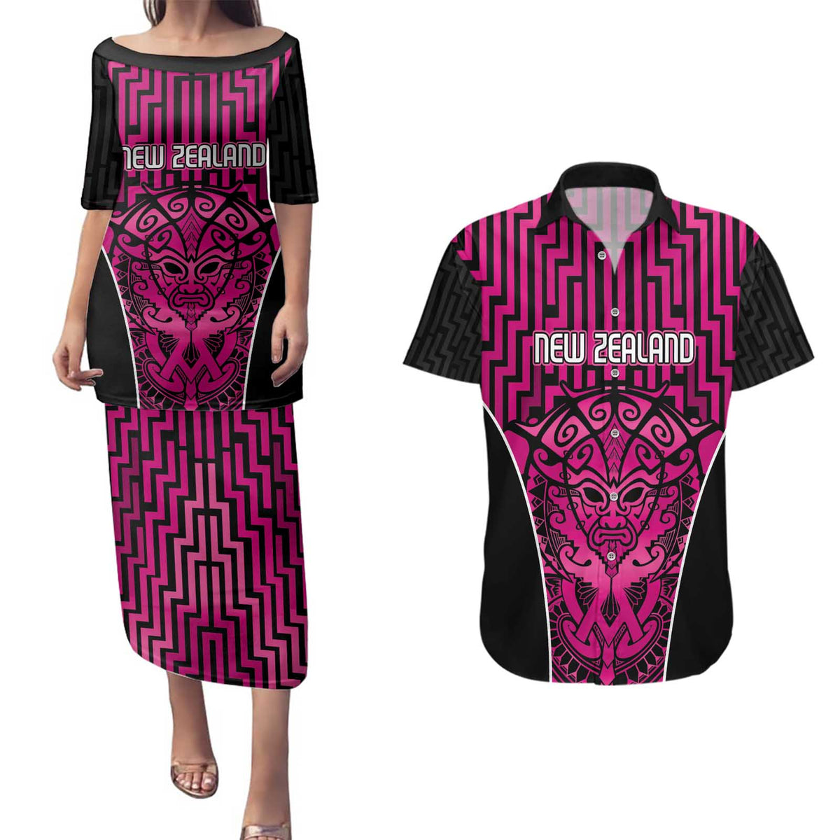 Custom Basketball New Zealand Couples Matching Puletasi and Hawaiian Shirt Pink Maori Ta Moko Indigenous - Aussie Hoodie
