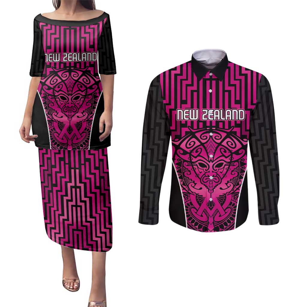Custom Basketball New Zealand Couples Matching Puletasi and Long Sleeve Button Shirt Pink Maori Ta Moko Indigenous - Aussie Hoodie