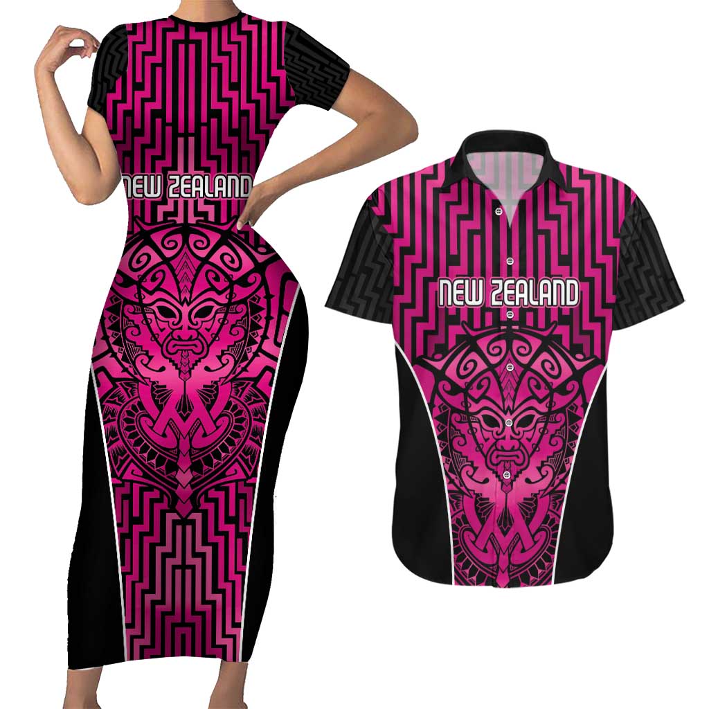 Custom Basketball New Zealand Couples Matching Short Sleeve Bodycon Dress and Hawaiian Shirt Pink Maori Ta Moko Indigenous - Aussie Hoodie