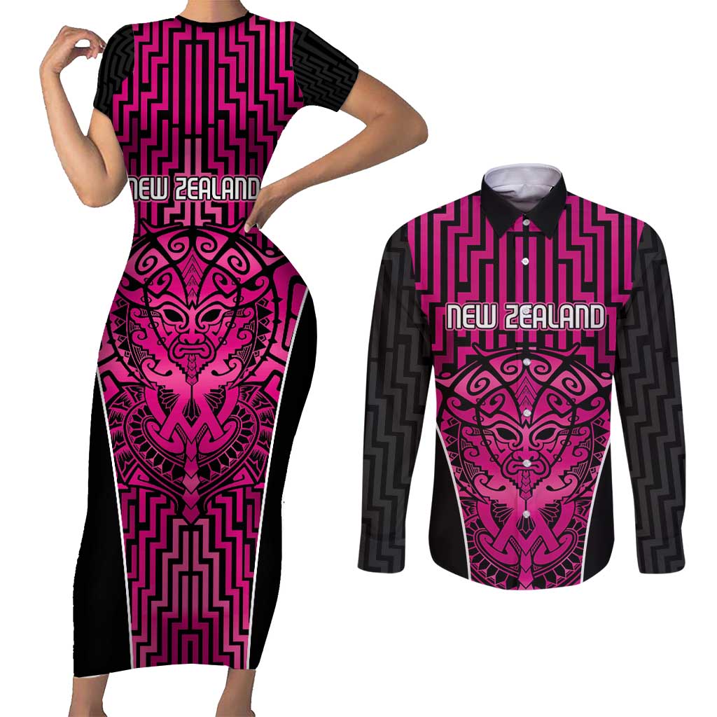 Custom Basketball New Zealand Couples Matching Short Sleeve Bodycon Dress and Long Sleeve Button Shirt Pink Maori Ta Moko Indigenous - Aussie Hoodie