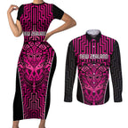 Custom Basketball New Zealand Couples Matching Short Sleeve Bodycon Dress and Long Sleeve Button Shirt Pink Maori Ta Moko Indigenous - Aussie Hoodie