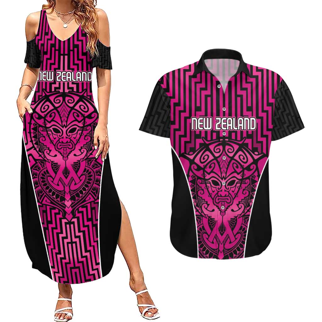 Custom Basketball New Zealand Couples Matching Summer Maxi Dress and Hawaiian Shirt Pink Maori Ta Moko Indigenous - Aussie Hoodie