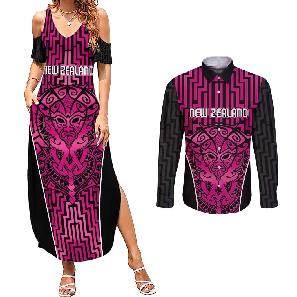 Custom Basketball New Zealand Couples Matching Summer Maxi Dress and Long Sleeve Button Shirt Pink Maori Ta Moko Indigenous - Aussie Hoodie