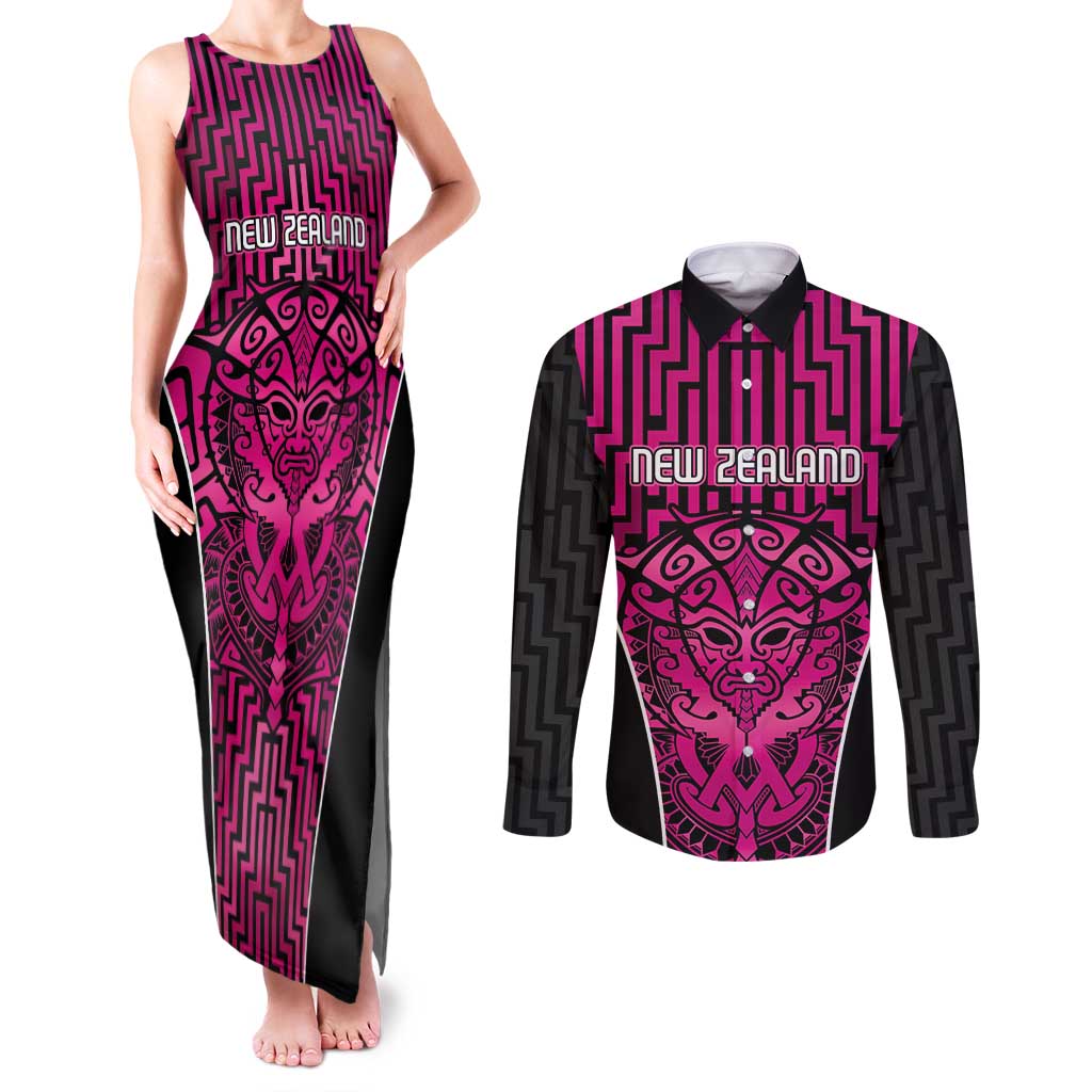 Custom Basketball New Zealand Couples Matching Tank Maxi Dress and Long Sleeve Button Shirt Pink Maori Ta Moko Indigenous - Aussie Hoodie