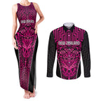 Custom Basketball New Zealand Couples Matching Tank Maxi Dress and Long Sleeve Button Shirt Pink Maori Ta Moko Indigenous - Aussie Hoodie