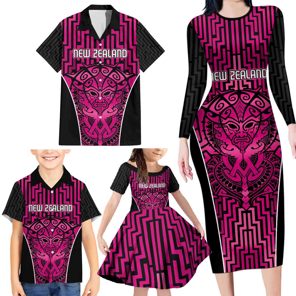 Custom Basketball New Zealand Family Matching Long Sleeve Bodycon Dress and Hawaiian Shirt Pink Maori Ta Moko Indigenous - Aussie Hoodie