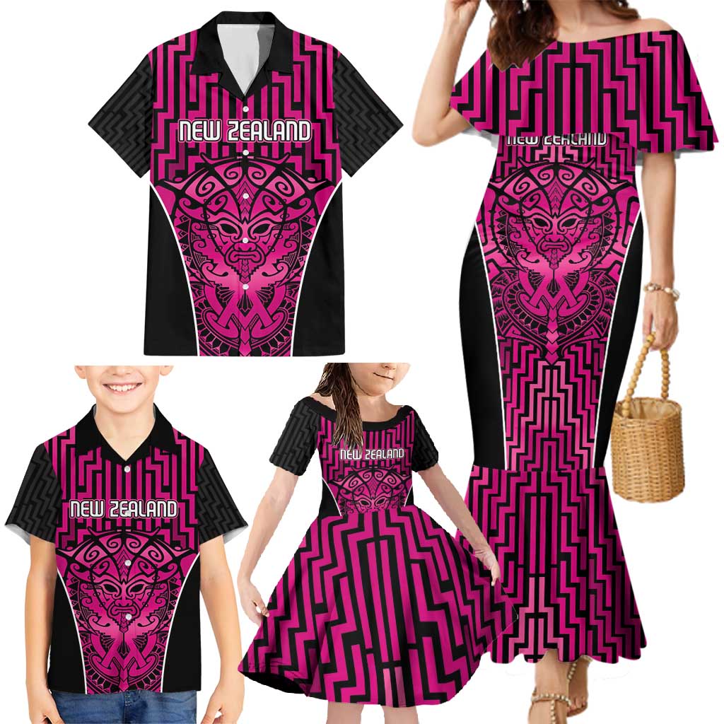 Custom Basketball New Zealand Family Matching Mermaid Dress and Hawaiian Shirt Pink Maori Ta Moko Indigenous - Aussie Hoodie