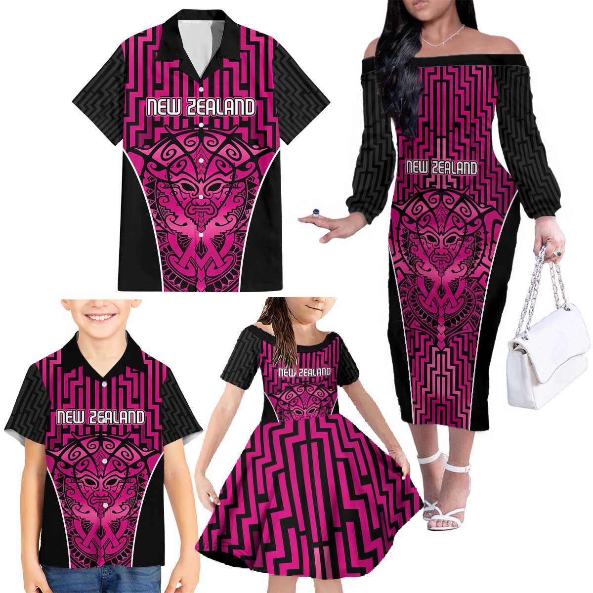 Custom Basketball New Zealand Family Matching Off The Shoulder Long Sleeve Dress and Hawaiian Shirt Pink Maori Ta Moko Indigenous - Aussie Hoodie