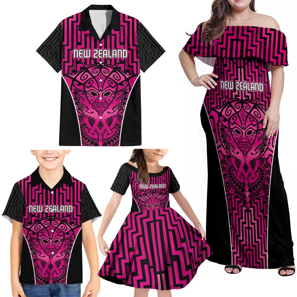 Custom Basketball New Zealand Family Matching Off Shoulder Maxi Dress and Hawaiian Shirt Pink Maori Ta Moko Indigenous - Aussie Hoodie