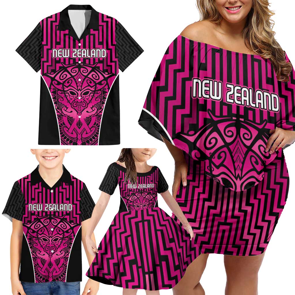 Custom Basketball New Zealand Family Matching Off Shoulder Short Dress and Hawaiian Shirt Pink Maori Ta Moko Indigenous - Aussie Hoodie