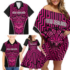 Custom Basketball New Zealand Family Matching Off Shoulder Short Dress and Hawaiian Shirt Pink Maori Ta Moko Indigenous - Aussie Hoodie