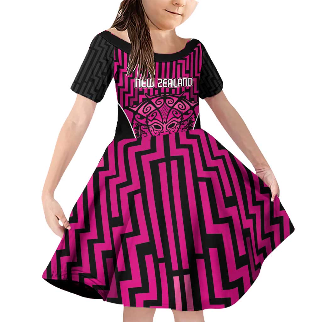 Custom Basketball New Zealand Family Matching Off Shoulder Short Dress and Hawaiian Shirt Pink Maori Ta Moko Indigenous - Aussie Hoodie