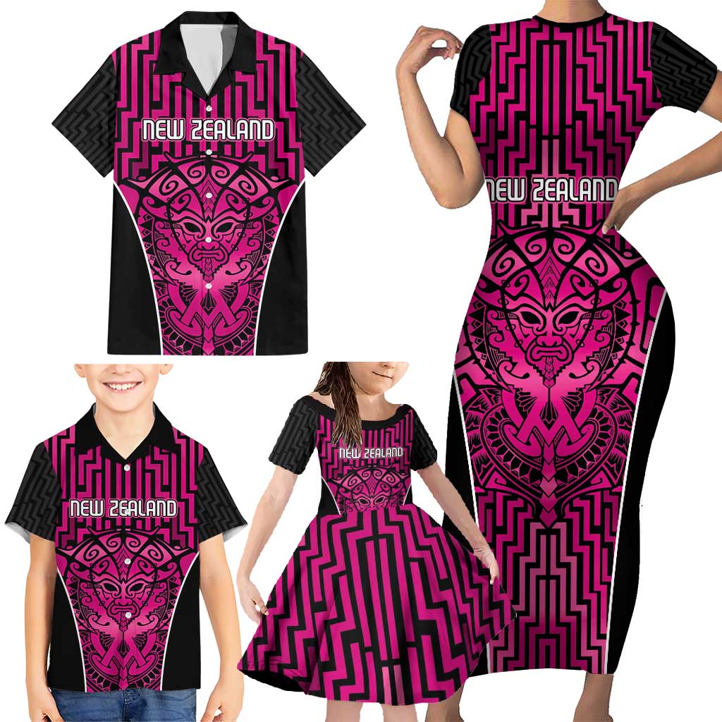 Custom Basketball New Zealand Family Matching Short Sleeve Bodycon Dress and Hawaiian Shirt Pink Maori Ta Moko Indigenous - Aussie Hoodie