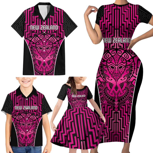 Custom Basketball New Zealand Family Matching Short Sleeve Bodycon Dress and Hawaiian Shirt Pink Maori Ta Moko Indigenous - Aussie Hoodie