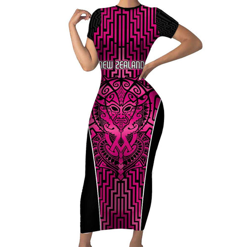 Custom Basketball New Zealand Family Matching Short Sleeve Bodycon Dress and Hawaiian Shirt Pink Maori Ta Moko Indigenous - Aussie Hoodie