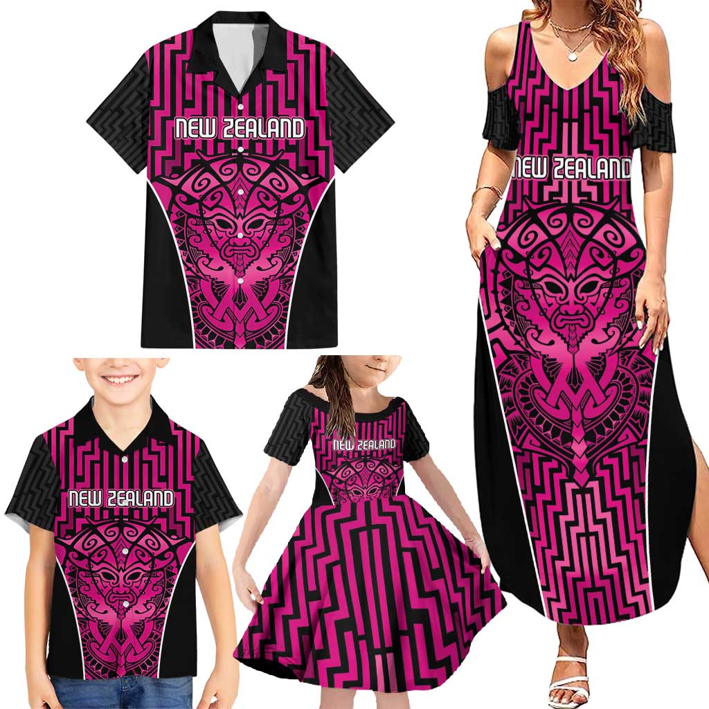 Custom Basketball New Zealand Family Matching Summer Maxi Dress and Hawaiian Shirt Pink Maori Ta Moko Indigenous - Aussie Hoodie