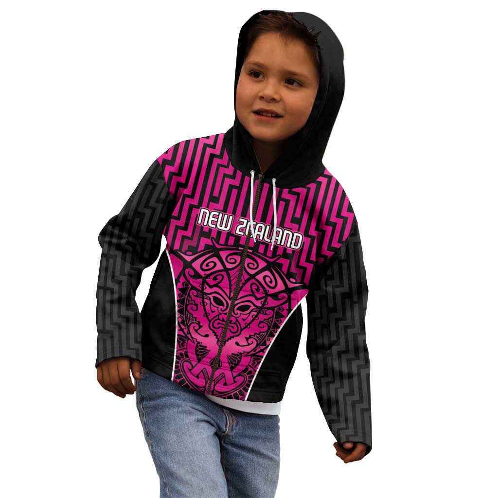 Custom Basketball New Zealand Kid Hoodie Pink Maori Ta Moko Indigenous - Aussie Hoodie