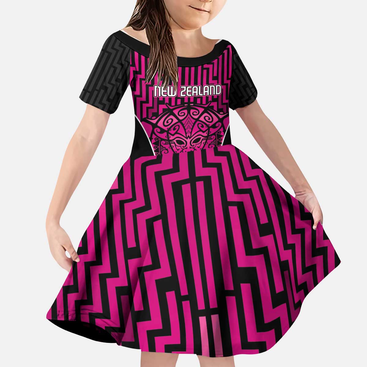 Custom Basketball New Zealand Kid Short Sleeve Dress Pink Maori Ta Moko Indigenous - Aussie Hoodie