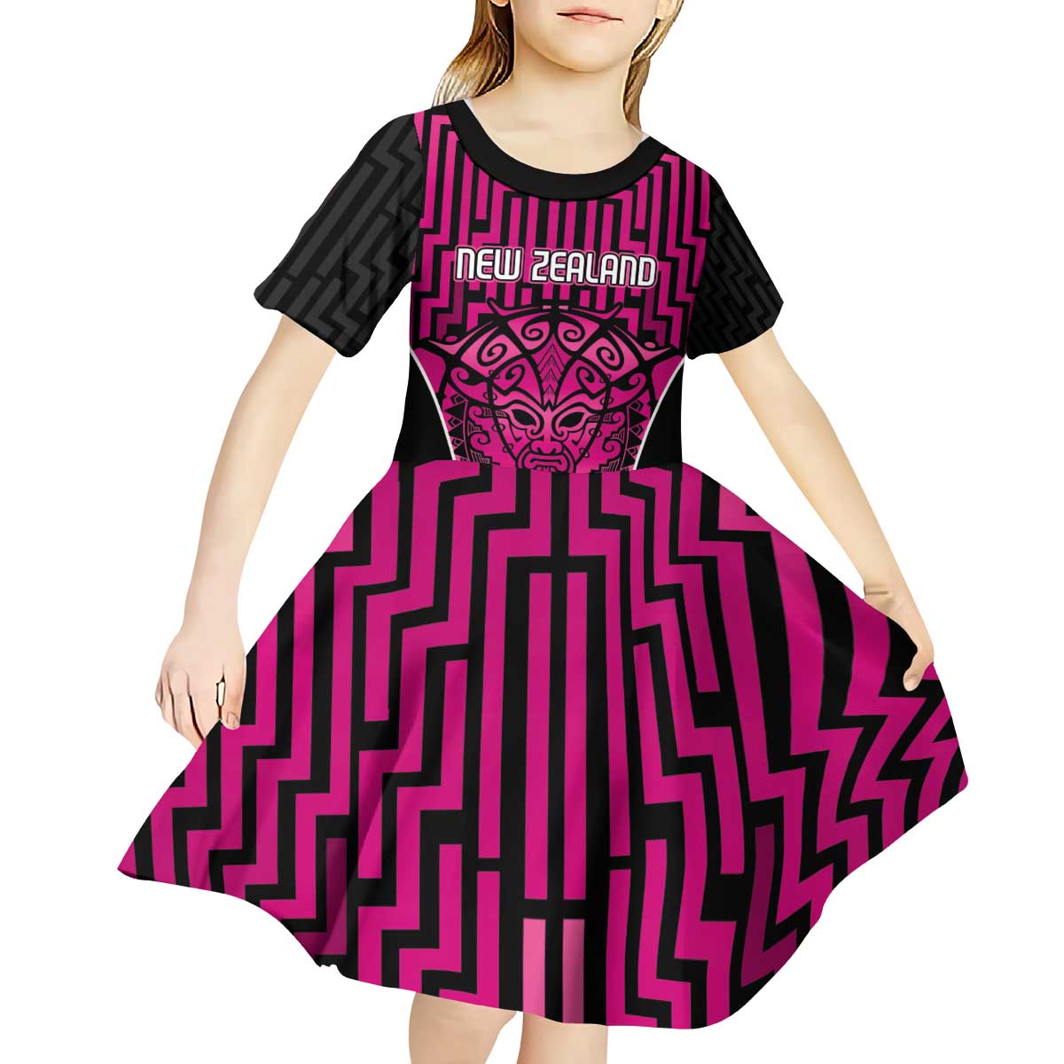 Custom Basketball New Zealand Kid Short Sleeve Dress Pink Maori Ta Moko Indigenous - Aussie Hoodie