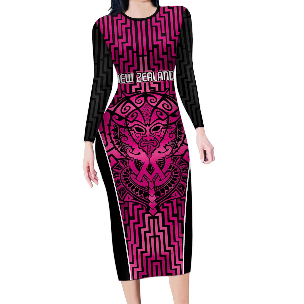 Custom Basketball New Zealand Long Sleeve Bodycon Dress Pink Maori Ta Moko Indigenous - Aussie Hoodie