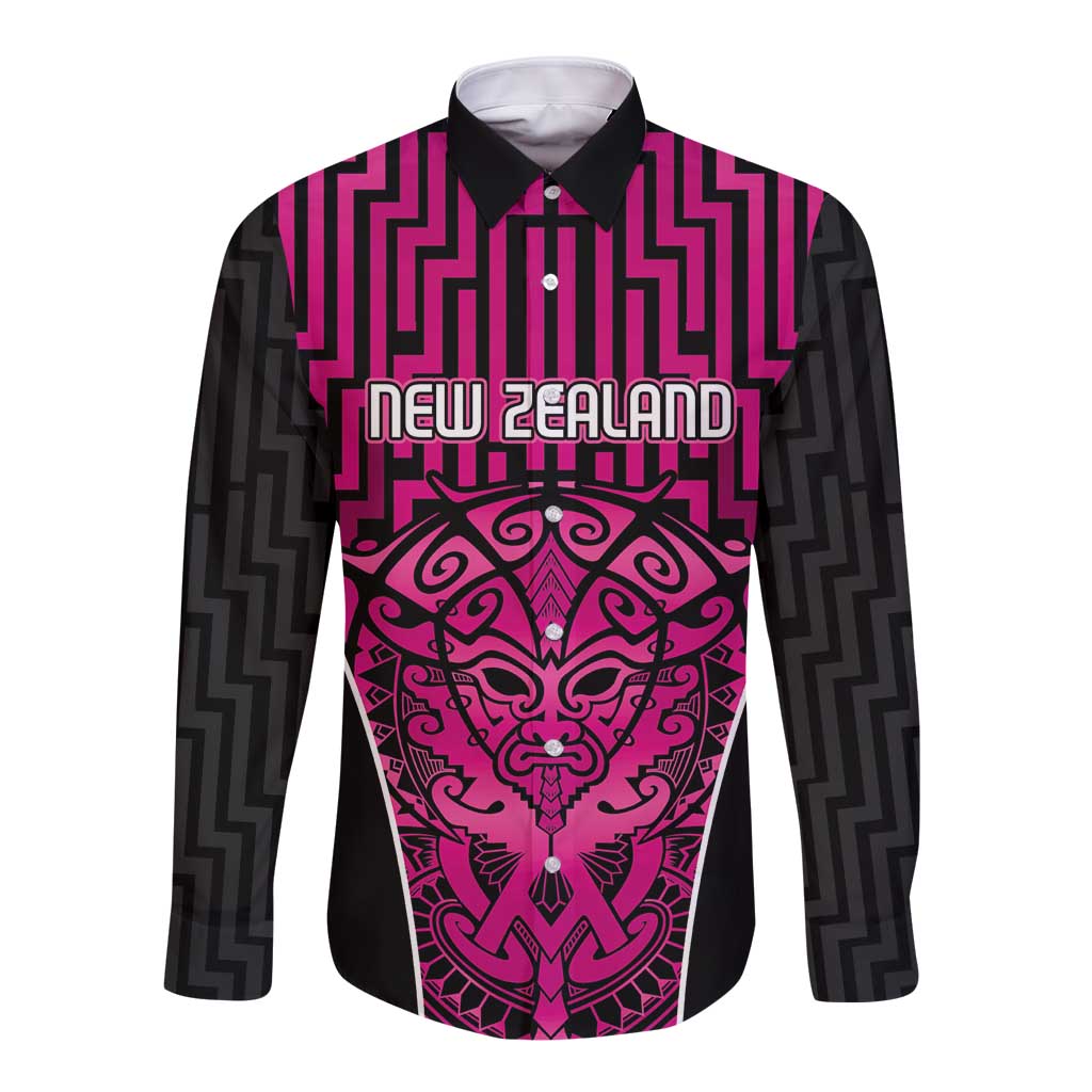 Custom Basketball New Zealand Long Sleeve Button Shirt Pink Maori Ta Moko Indigenous - Aussie Hoodie