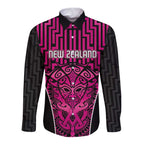 Custom Basketball New Zealand Long Sleeve Button Shirt Pink Maori Ta Moko Indigenous - Aussie Hoodie